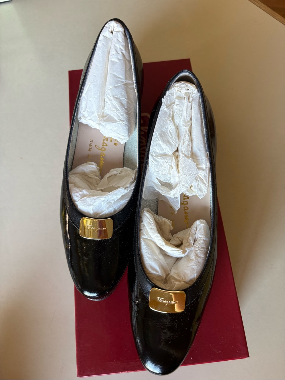 Salvatore Ferragamo Black Patent Leather Loafers with Gold Plaque